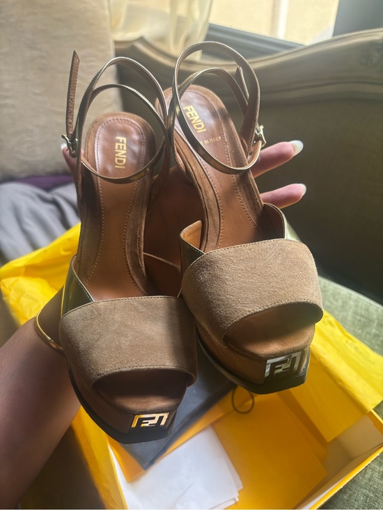 Fendi Shoes - Fendi Tan Suede Platform Sandals with Gold Accents